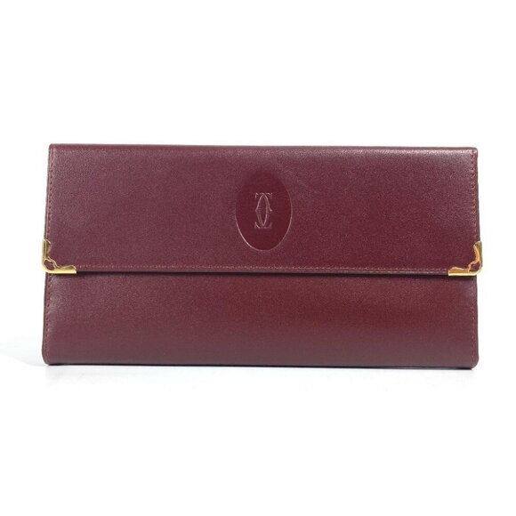 CARTIER Must de Line Logo Kisslock Trifold Long Wallet Leather Bordeaux - Picture 1 of 16